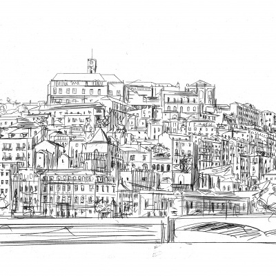 Desenho a preto e branco de edifícios urbanos com ponte em primeiro plano.