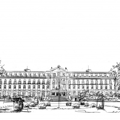 Desenho a preto e branco de um edifício clássico com jardim e carros