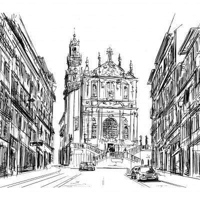 Desenho em preto e branco de uma rua com edifícios antigos e uma igreja ao fundo.