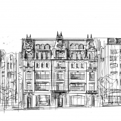 Desenho arquitetónico a tinta preta de edifício antigo com detalhes e corredor urbano