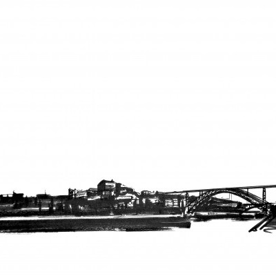 Ilustração em preto e branco de um submarino