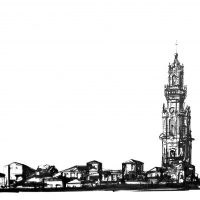 Desenho em preto e branco da Torre dos Clérigos e casas circundantes