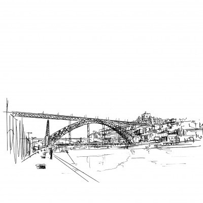 Desenho a preto e branco de ponte em arco sobre rio com edifícios ao fundo