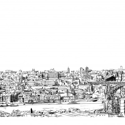 Ilustração a preto e branco da cidade do Porto com ponte e rio.
