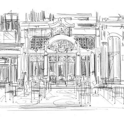 Desenho a traço de fachada arquitetónica clássica.