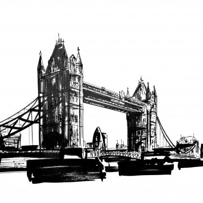 Desenho preto e branco da Tower Bridge em Londres com barcos no rio