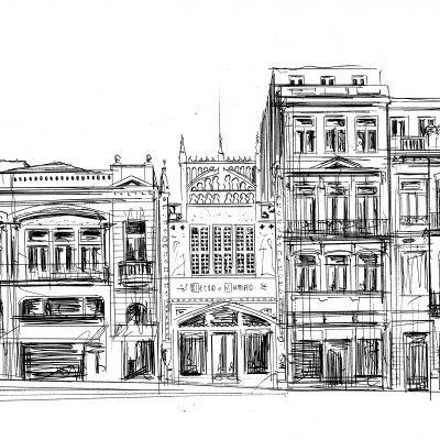 Desenho a preto e branco de edifícios antigos e uma rua