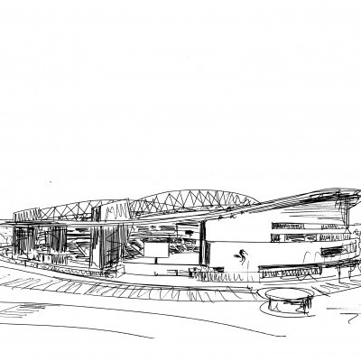 Desenho a tinta de edifício moderno com formas curvas e estrutura aramada no topo