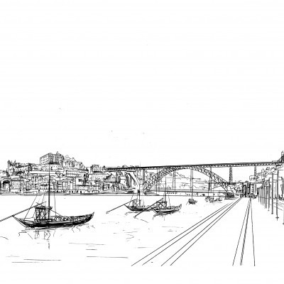 Desenho preto e branco de cidade com barco, ponte e edifícios históricos.