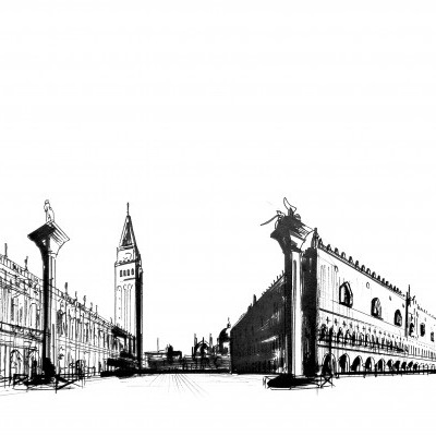 Desenho a preto e branco de edifícios históricos e colunas num estilo arquitetónico clássico