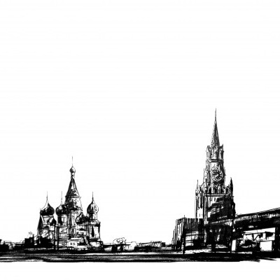 Desenho a preto e branco de uma construção com cúpulas e torre alta