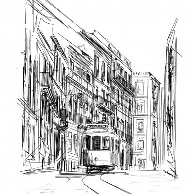 Desenho a preto e branco de um elétrico numa rua estreita com edifícios altos