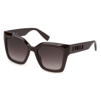 Óculos de sol femininos quadrados pretos com lentes escuras e logo FURLA na haste