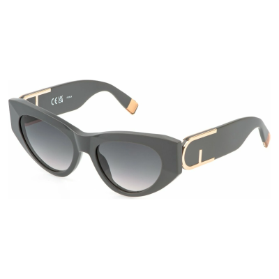 Óculos de sol cinza com lentes escuras e detalhes dourados