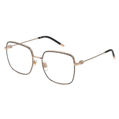 Óculos de armação metálica dourada com lentes transparentes e hastes pretas