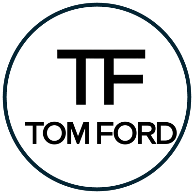 Logotipo circular com as letras TF e o texto TOM FORD em preto