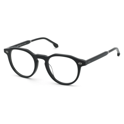 Óculos de armação preta em acetato fosco com lentes transparentes e formato arredondado