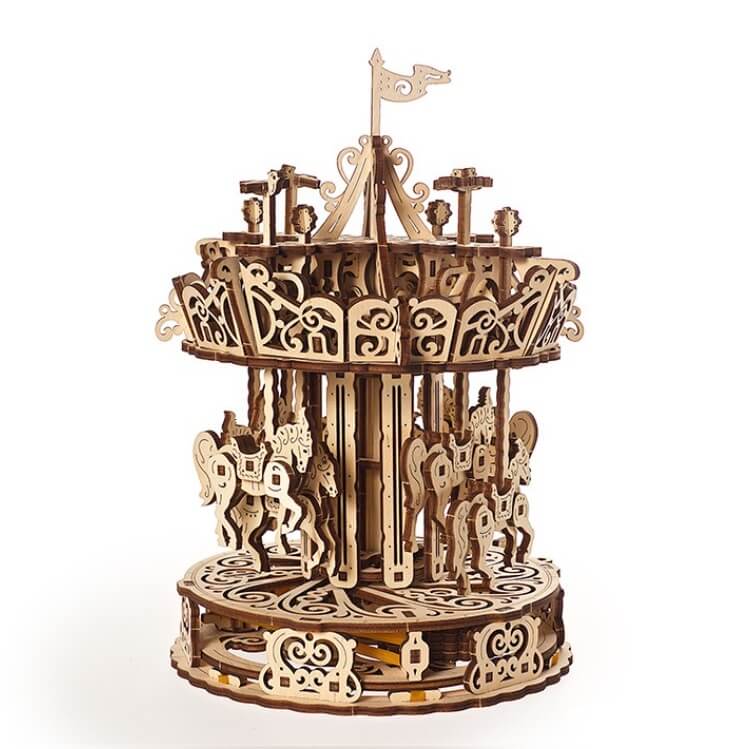 Puzzle 3D - Modelo mecânico Carrossel Carrossel decorativo em madeira com cavalo e padrões recortados