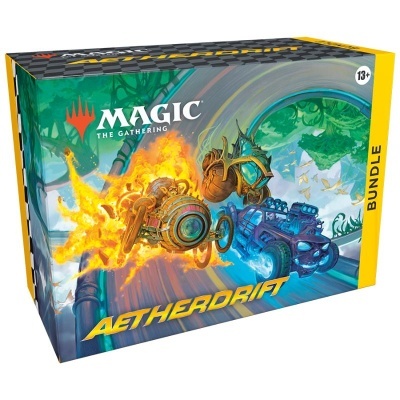 Caixa do jogo Magic The Gathering Aetherdrift Bundle com arte de máquinas coloridas em ação