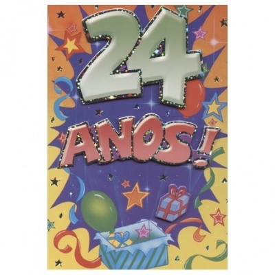 Cartaz de aniversário com o texto '24 ANOS!' e decoração festiva colorida.