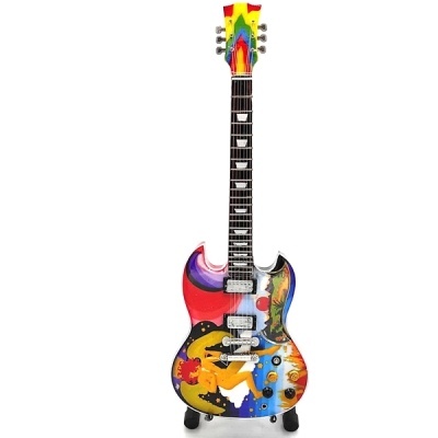 Guitarra elétrica colorida com design artístico vibrante e suporte
