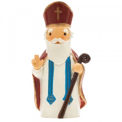 Figura decorativa de São Nicolau em cerâmica com vestes religiosas vermelhas, azuis e brancas