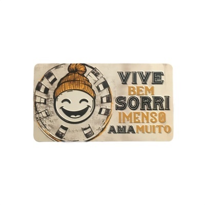 Tapete retangular com rosto sorridente e texto motivacional em português