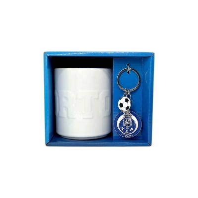 Conjunto caneca branca com relevo e porta-chaves FC Porto em caixa azul