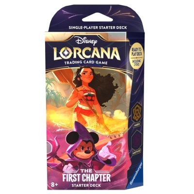 Caixa de jogo de cartas Disney Lorcana com ilustrações e textos em inglês.