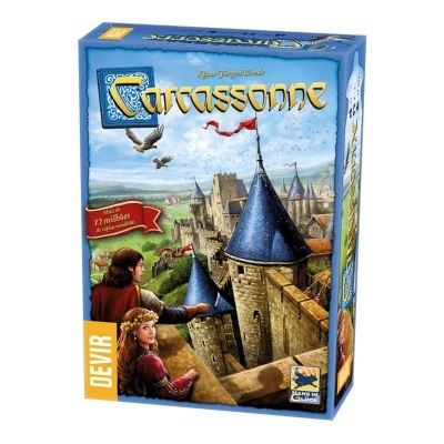 Caixa do jogo Carcassonne com ilustração de castelo e personagens medievais