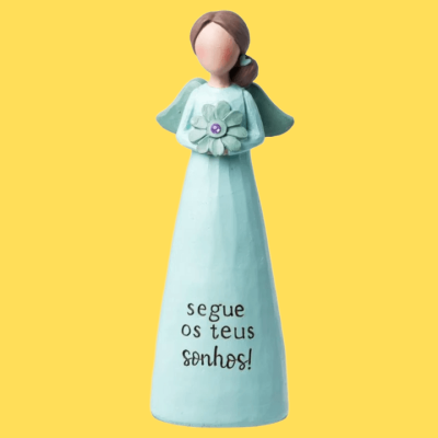 Figura decorativa de anjo em cerâmica azul claro com texto motivacional