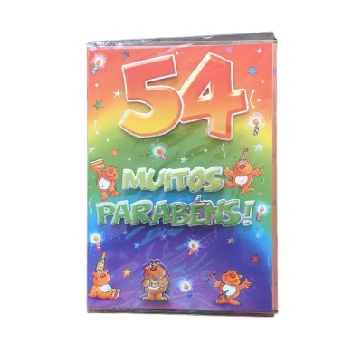 Cartão de aniversário com o número 54 e a frase 'MUITOS PARABÉNS!' colorido e com ursos celebrando.