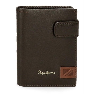 Carteira de couro castanha escura com fecho e logótipo Pepe Jeans
