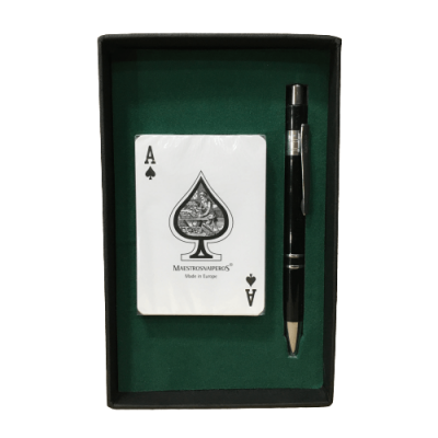 Baralho Ás de Espadas e caneta pretos numa caixa com interior verde