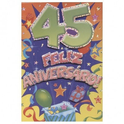 Cartão de aniversário colorido com número 45 e texto Feliz Aniversário