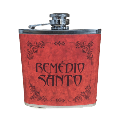 Garrafas metálica vermelha com texto REMÉDIO SANTO