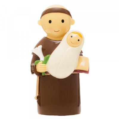 Figura decorativa de São Francisco de Assis com bebê embrulhado em manto branco