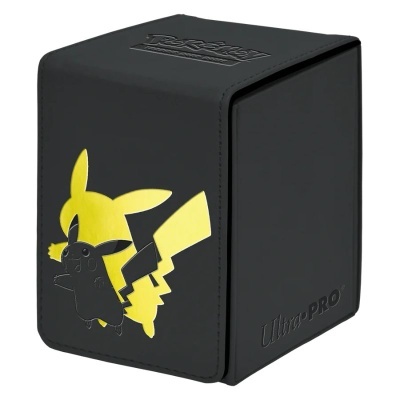 Estojo preto para cartas com desenho de Pikachu e texto Embossed Deck Box e Ultra PRO