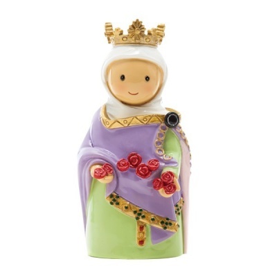 Figura decorativa colorida com coroa dourada e vestido verde e roxo