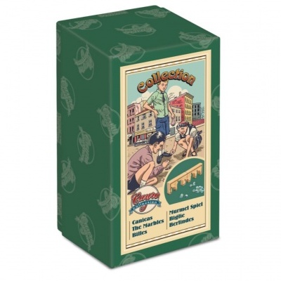 Caixa verde com ilustrações coloridas e texto em espanhol