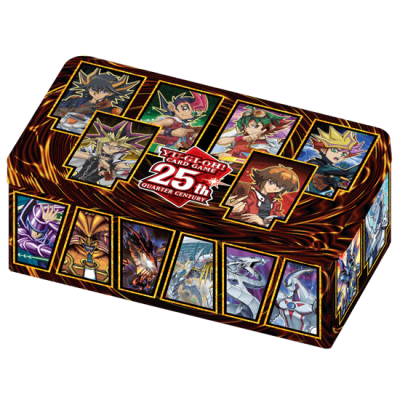 Caixa do jogo de cartas Yu-Gi-Oh! 25th Quarter Century com personagens e monstros coloridos