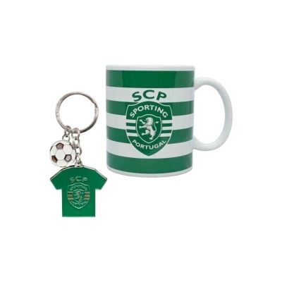 Caneca e porta-chaves do Sporting Portugal com cores verde e branca