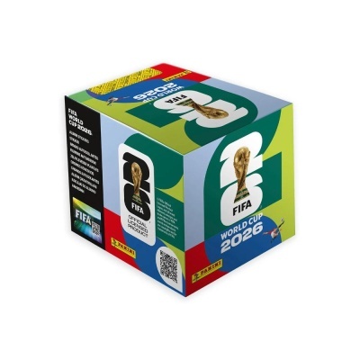 Caixa colorida com troféu FIFA e texto FIFA WORLD CUP 2026