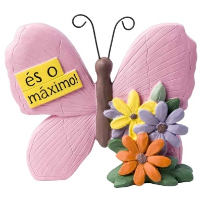 Figura decorativa de borboleta cor-de-rosa com flores coloridas e mensagem 'és o máximo!'