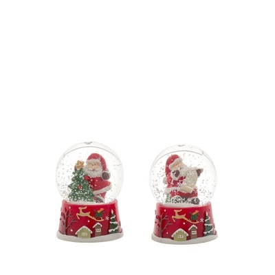 Duas bolas de neve de Natal com Pai Natal dentro e base vermelha decorada