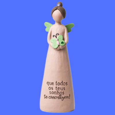 Figura decorativa de anjo com vestido cor de rosa e asas verdes