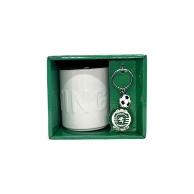 Conjunto caneca branca e porta-chaves Sporting CP em caixa verde