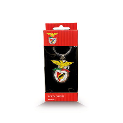 Porta-chaves metálico com emblema do Sport Lisboa e Benfica em embalagem vermelha