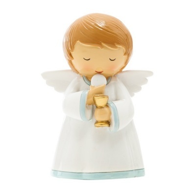 Figurinha de anjo infantil segurando cálice e hóstia, vestido branco com detalhes azuis