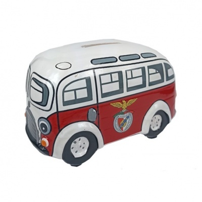 Cofre autocarro vermelho e branco com emblema Benfica